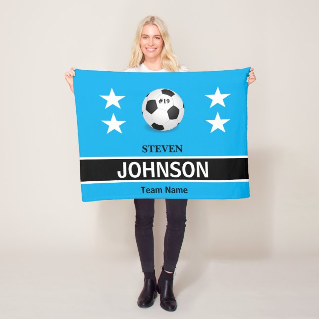 FUN! ⚽Personalised Blue Soccer Fleece Blanket  (In Situ)