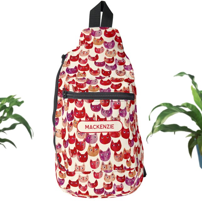 Fun Personalised Colourful Watercolor Cat Pattern Sling Bag (Fun personalized custom name watercolor kitty cat pattern sling bag for school, college and more)