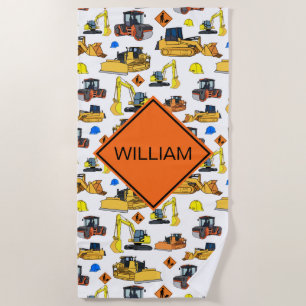Fun Personalised Construction Vehicles Pattern Beach Towel