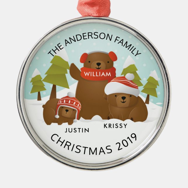 Fun Personalised Family Of 3 Bears Christmas Metal Tree Decoration (Front)