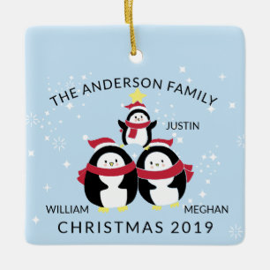 Fun Personalised Family Of 3 Penguins Christmas Ceramic Ornament