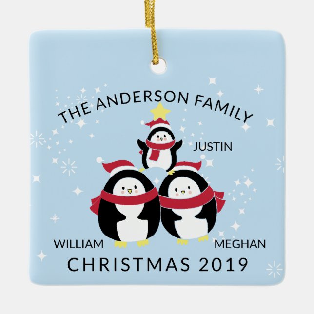 Fun Personalised Family Of 3 Penguins Christmas Ceramic Ornament (Front)