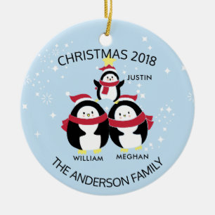Fun Personalised Family Of 3 Penguins Christmas Ceramic Tree Decoration