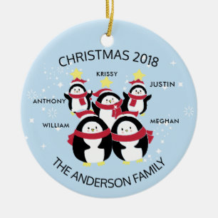 Fun Personalised Family Of 5 Penguins Christmas Ceramic Tree Decoration