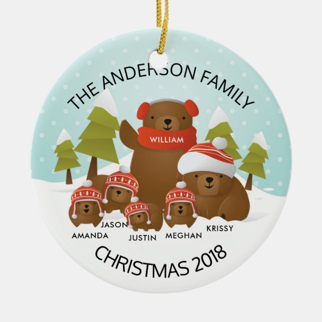 Fun Personalised Family Of 6 Bears Christmas Ceramic Tree Decoration (Front)