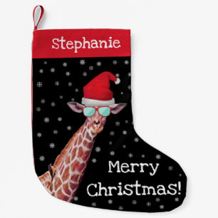 Fun Personalised Giraffe Wearing Santa Hat Xmas Small Christmas Stocking