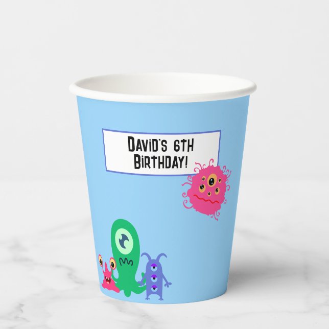 Fun Personalised Monster Cartoon Birthday Paper Cups (Front)