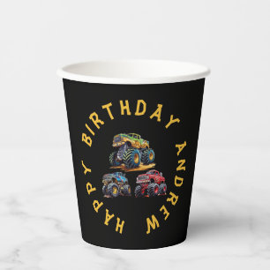 Fun personalised monster truck kids birthday  paper cups
