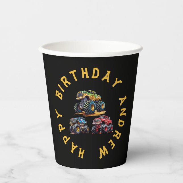 Fun personalised monster truck kids birthday  paper cups (Front)