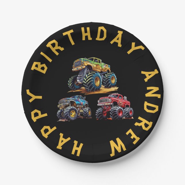Fun personalised monster truck kids birthday  paper plate (Front)