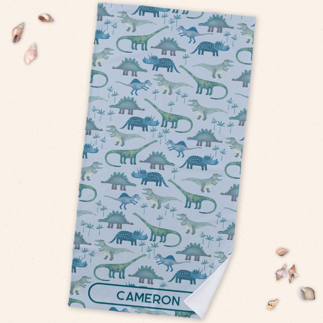 Fun Personalised Name Dinosaur Pattern Beach Towel (Fun prehistoric dinosaur pattern beach towel for paleontologists of all ages)