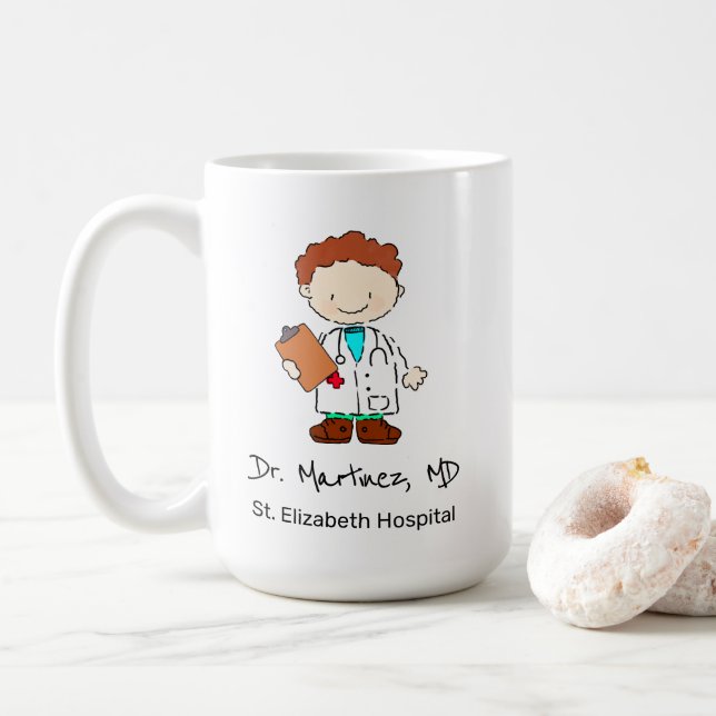 Fun Personalised Nurse Doctor Illustration Cartoon Coffee Mug (With Donut)