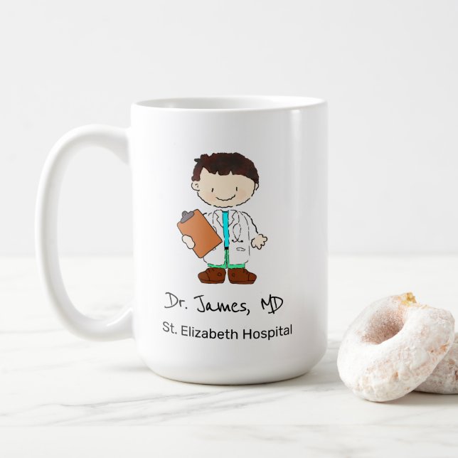 Fun Personalised Nurse Doctor Illustration Cartoon Coffee Mug (With Donut)