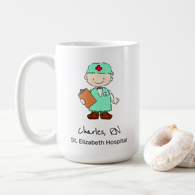 Fun Personalised Nurse Doctor Illustration Cartoon Coffee Mug (With Donut)