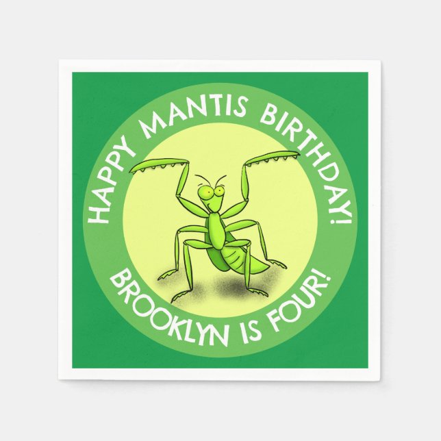 Fun personalised praying mantis cartoon birthday napkin (Front)