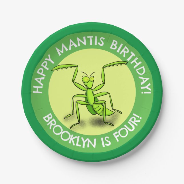 Fun personalised praying mantis cartoon birthday paper plate (Front)