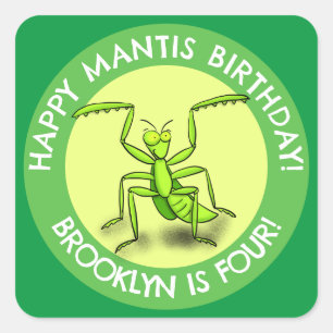 Fun personalised praying mantis cartoon birthday square sticker