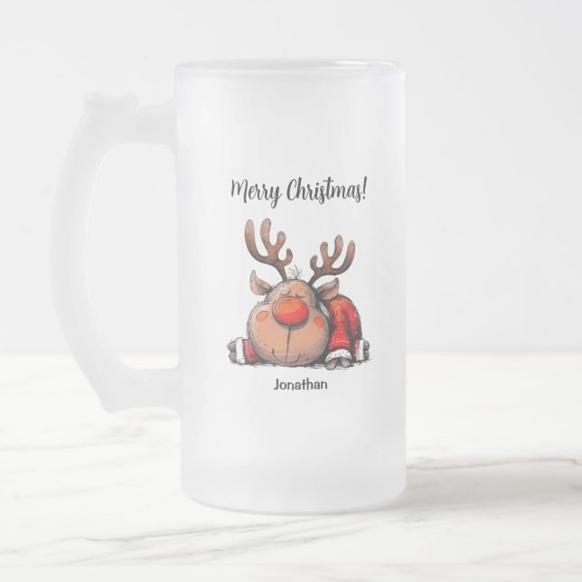 Fun Personalised Reindeer Merry Christmas Frosted Glass Beer Mug (Left)