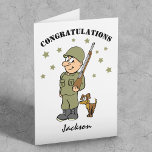 Fun Personalized Army Passing Out Card<br><div class="desc">A simple military passing out greeting card featuring a cartoon image of a soldier with a dog and scattered stars,  the word "congratulations",  and the name of the soldier. The font styles,  sizes and colors can be changed by clicking on the customize further link after personalizing.</div>