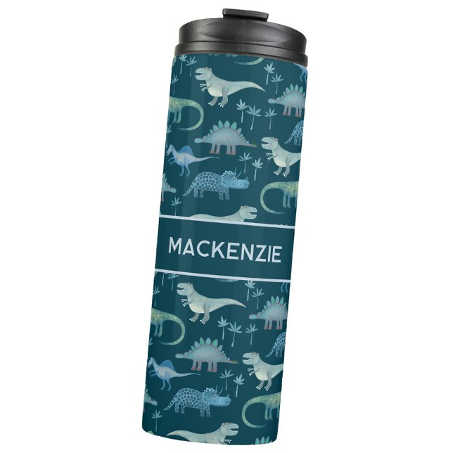 Fun Personalized Dinosaur Pattern Thermal Tumbler (Fun personalized custom name dinosaur thermal tumbler or water bottle)