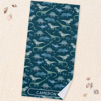 Fun Personalized Name Dinosaur Pattern Beach Towel