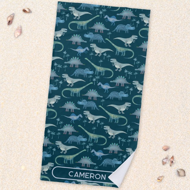 Fun Personalized Name Dinosaur Pattern Beach Towel (Fun prehistoric dinosaur pattern beach towel for paleontologists of all ages)