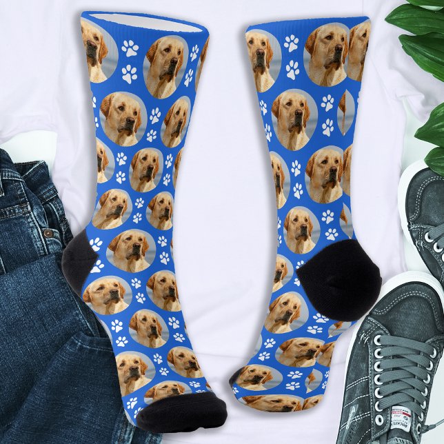 Fun Pet Photo Paw Prints Custom Blue Pattern Dog Socks (Creator Uploaded)