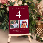 Fun Photo Burgundy Red Wedding Table Number<br><div class="desc">Have some fun with your wedding reception decor with these burgundy red table number cards where each table number corresponds to photos of the bride and groom at the same age. For example, for Table 4, personalise the table number with "4" and add photos of the bride and groom when...</div>