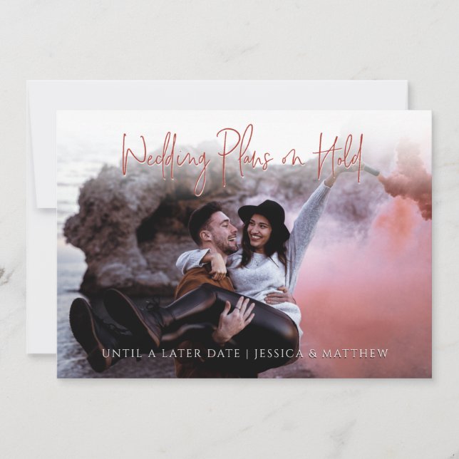 Fun Photo Red Script Wedding Event Date Change Announcement (Front)