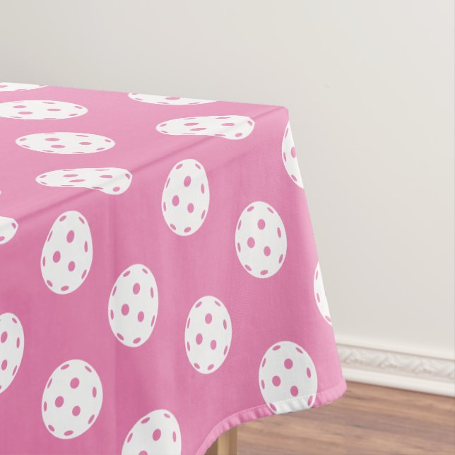 Fun Pickleball Pattern Pink White Sports Balls Tablecloth (In Situ)