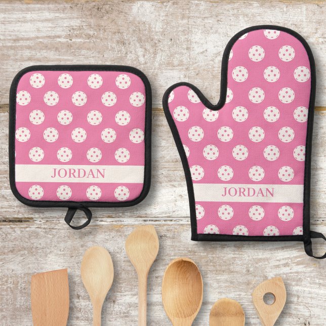 Fun Pickleball Pattern Player Gift Add Custom Text Oven Mitt & Pot Holder Set (Creator Uploaded)