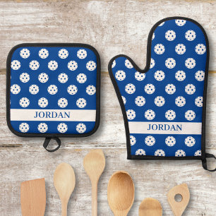 Fun Pickleball Pattern Player Gift Add Custom Text Oven Mitt & Pot Holder Set