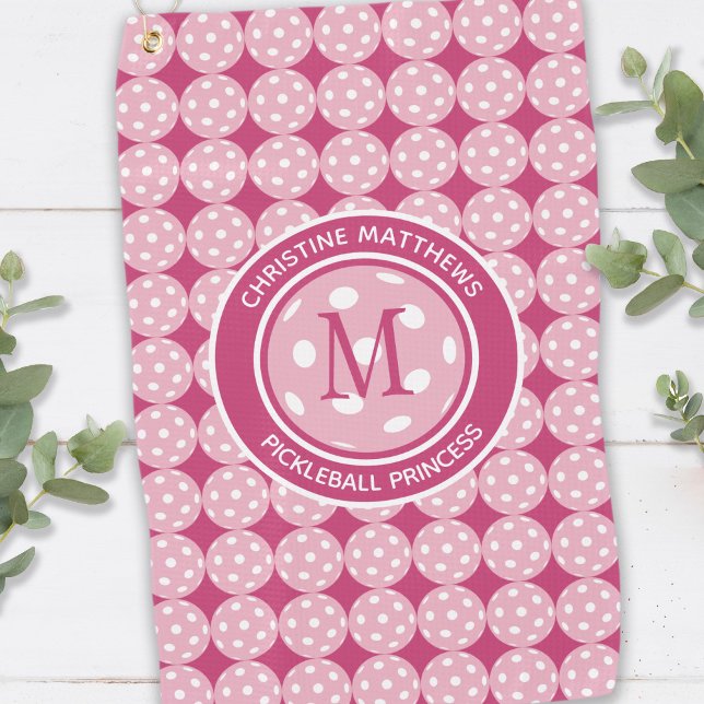 Fun Pickleball Princess Pink Girly Funny Modern Golf Towel (Cute Pickleball Sports Pro Princess Custom Name & Initial Pink White Girly Funny Court Towel For Her)