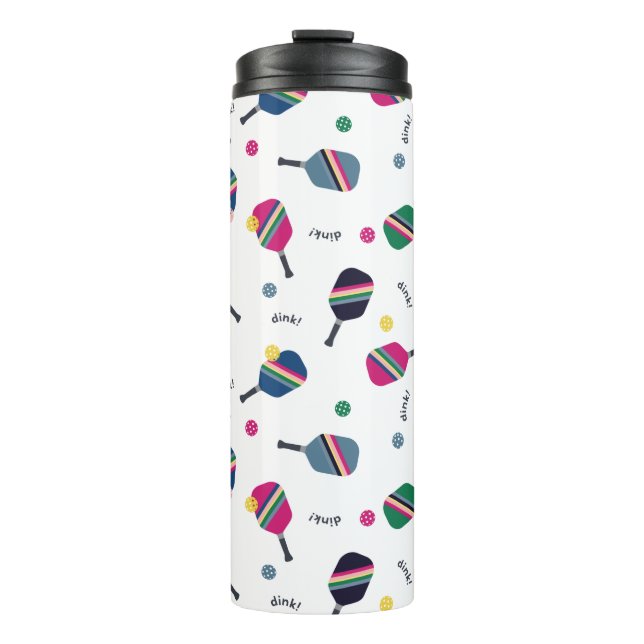 Fun Pickleball Sport Striped Paddle Dink Blue Thermal Tumbler (Front)
