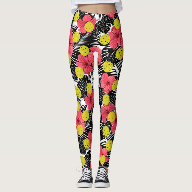 Fun Pickleball Tropical Red Hibiscus Flower Sports Leggings (Front)