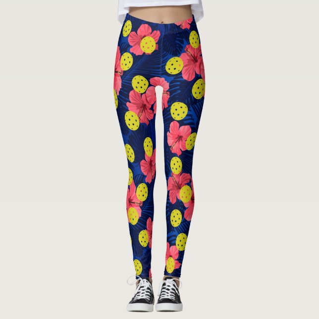 Fun Pickleball Tropical Red Hibiscus Flower Sports Leggings (Front)