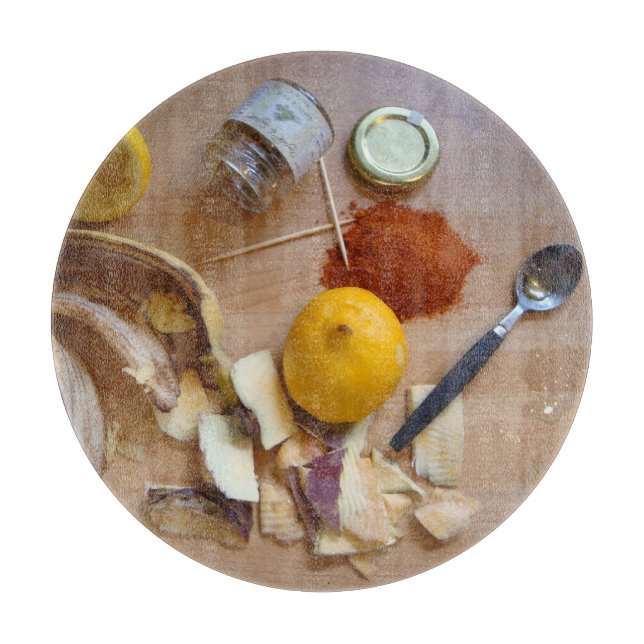 fun picture of chopped veg prep for dinner cutting board (Front)