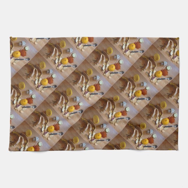 fun picture of chopped veg prep for dinner tea towel (Horizontal)