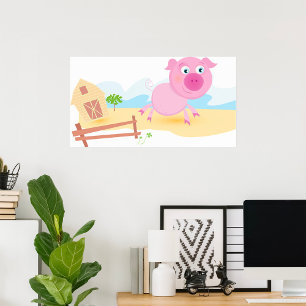 Fun Pig on Farm with Barn and Fence Poster