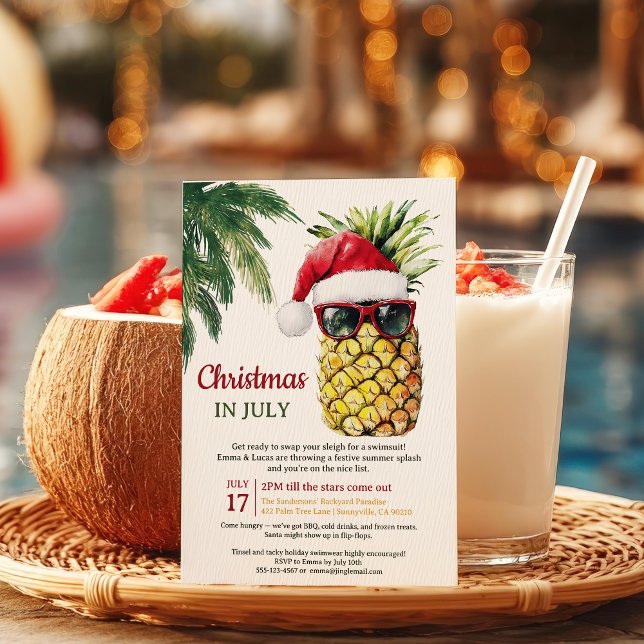 Fun Pineapple Santa Christmas in July Summer Party Invitation (Fun Pineapple Santa Christmas in July Summer Party Invitation)