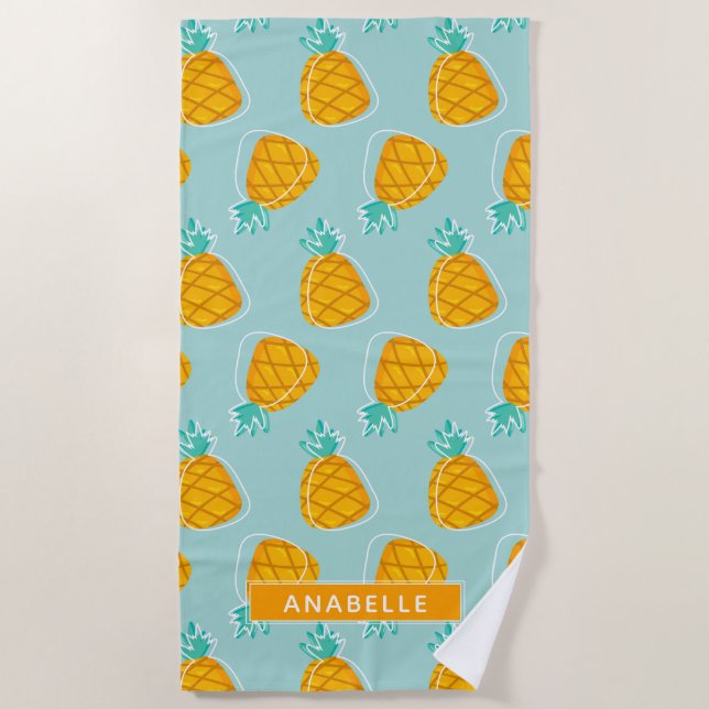 Fun Pineapples Tropical Summer Pattern Beach Towel (Front)