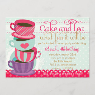 Fun Pink and Blue Cute Cups Tea Birthday Party Invitation