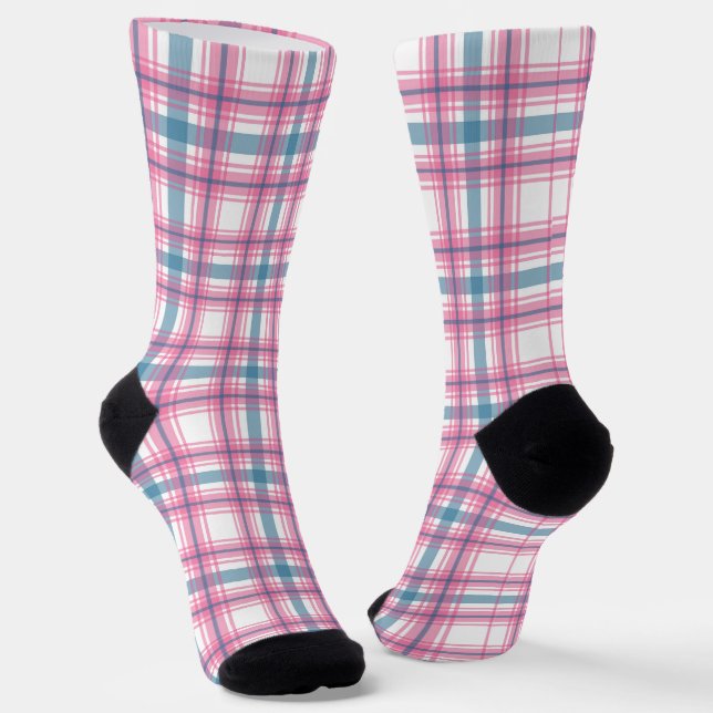 Fun Pink And Blue Tartan Christmas  Socks (Angled)