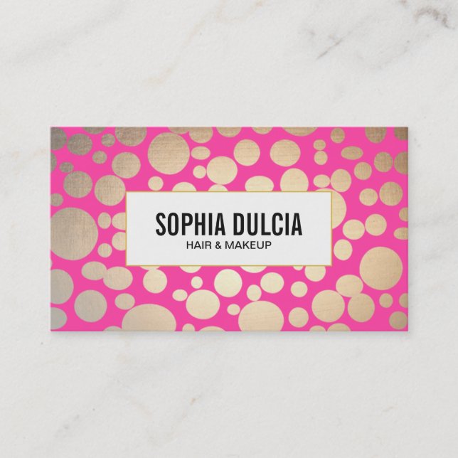 Fun Pink and Gold Modern Pattern Beauty Salon Business Card (Front)
