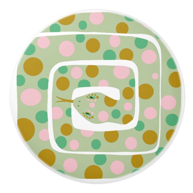 Fun Pink and Green Abstract Polka Dotted Snake Ceramic Knob (Front)