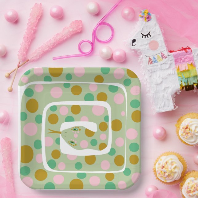 Fun Pink and Green Abstract Polka Dotted Snake Paper Plate (Party)