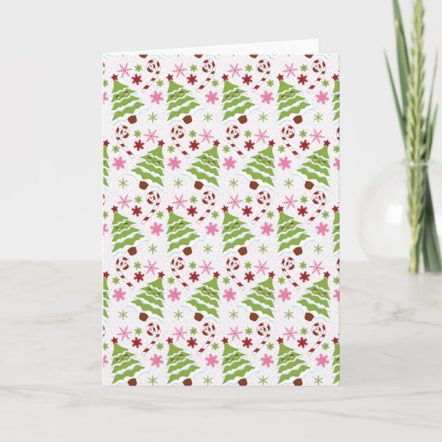Fun Pink and Green Christmas Tree and Candy Canes Holiday Card (Front)