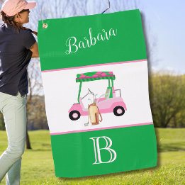 Fun Pink and Green Golf Cart Monogram Name Golf Towel