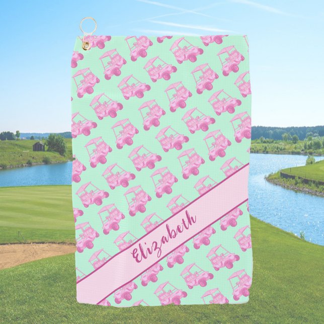 Fun pink and green golf cart personalised name golf towel (Creator Uploaded)
