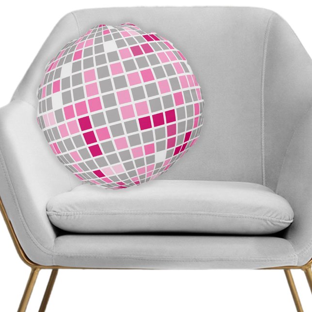 Fun Pink and Red Disco Ball  Round Cushion (Disco ball pillow in pink and red adds a fun party atmosphere to any room.)
